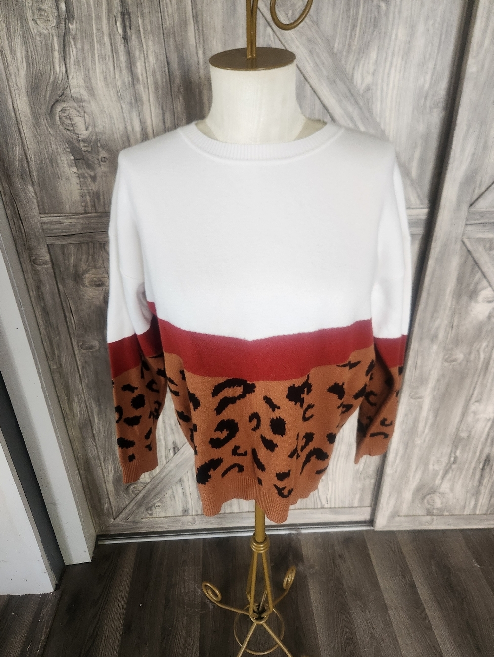 Leopard Print Sweater - White, Rust & Brown